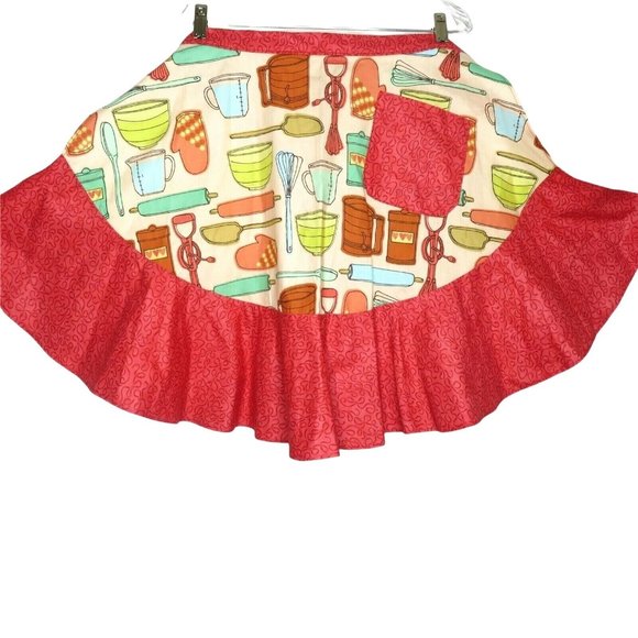 Retro Cooking Half Apron One Size Baking Red Ruffle Pocket Tie Waist NEW - Picture 8 of 11